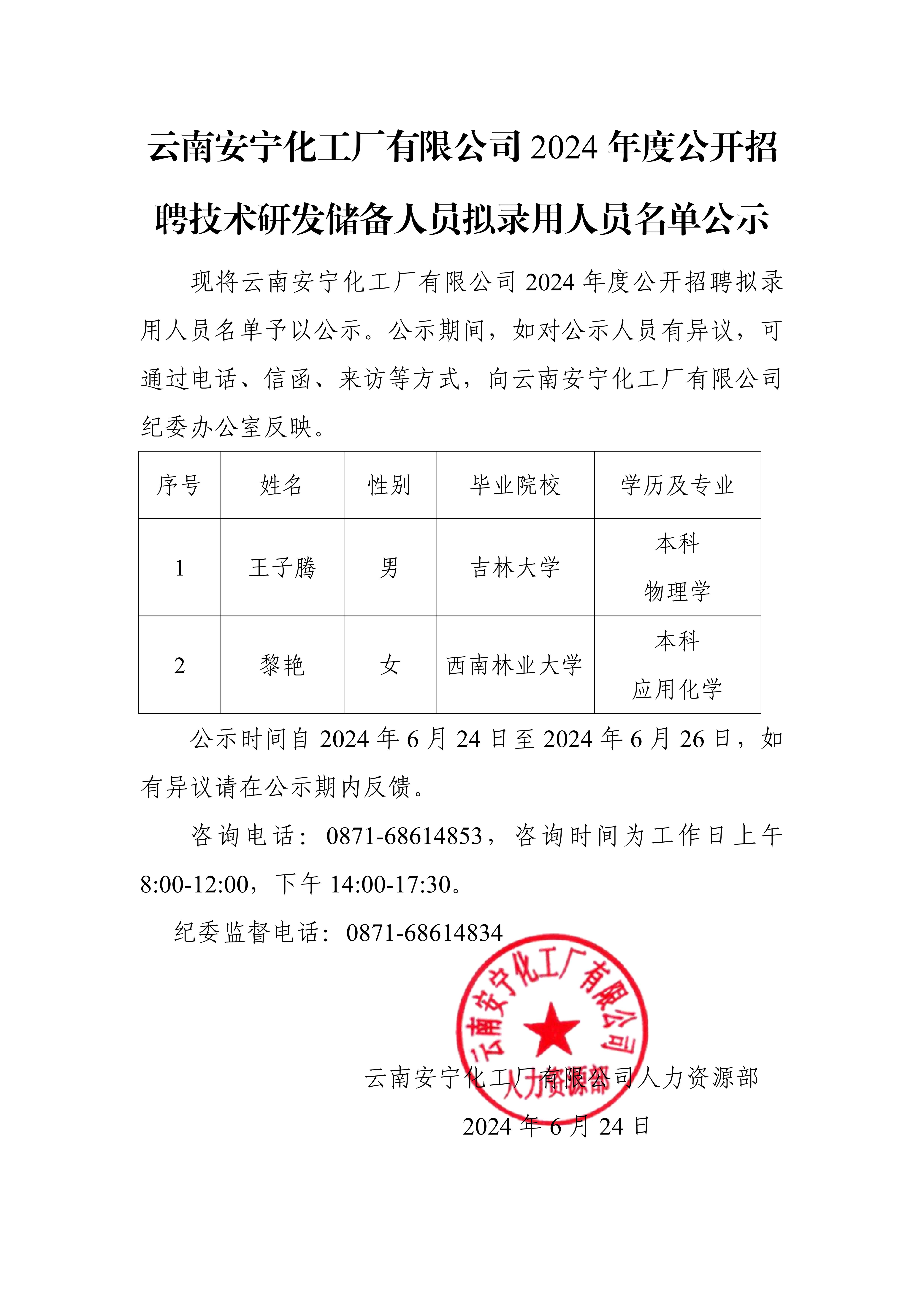 【公示】云南安寧化工廠有限公司2024年度公開招聘技術研發(fā)儲備人員擬錄用人員名單公示